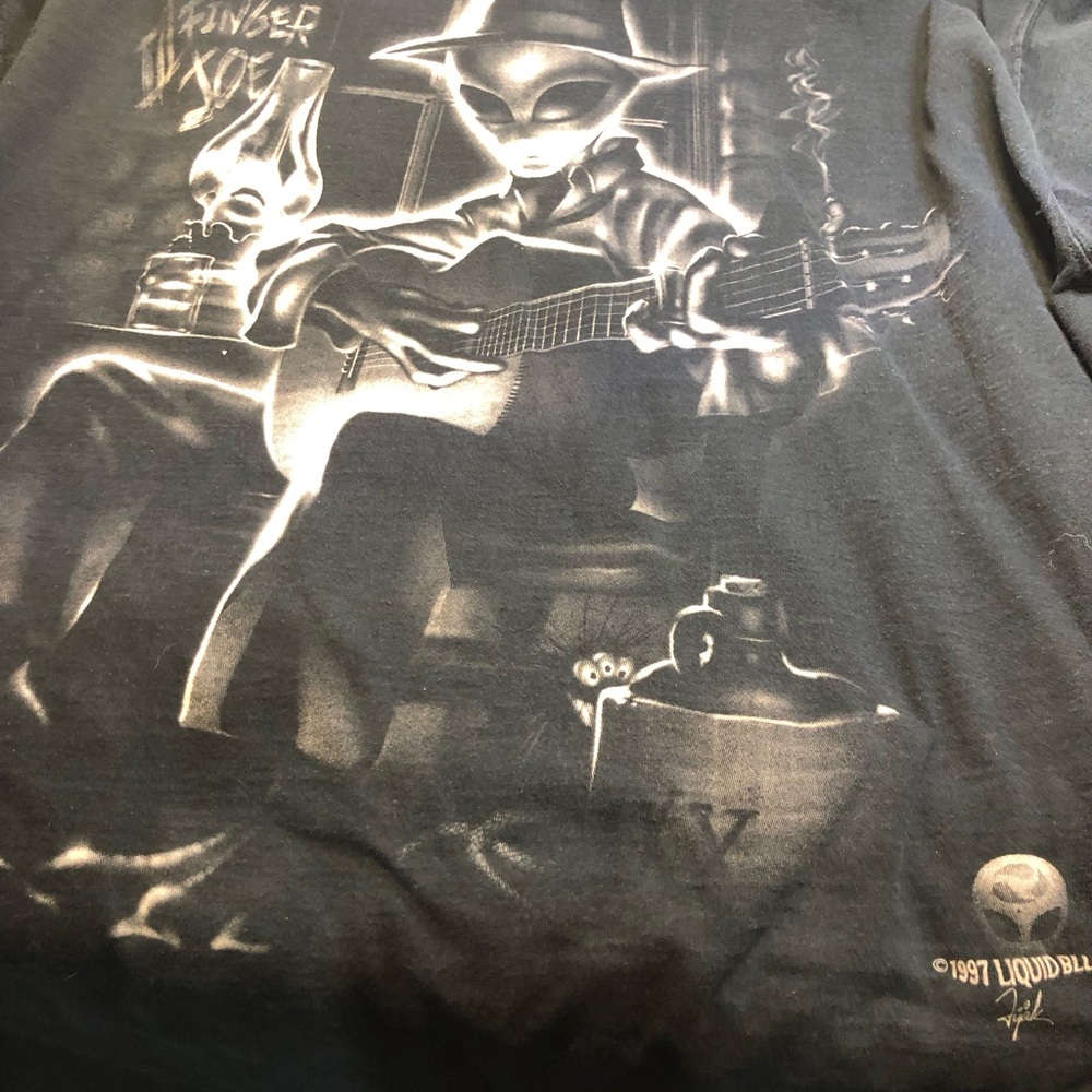 Vintage 1997 Liquid Blue Alien Guitar T-shirt  XL 2 Sided USA Tee 3 Finger Joe - Picture 10 of 12